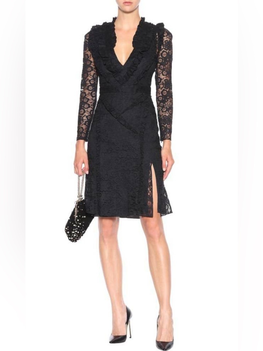 Altuzarra Black Lace Ruffle V-Neck Midi Dress Runway NWT Size XS